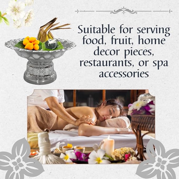 Decorative Pedestal Tray 5 Inch – Traditional Thai Offering Tray with Flora Design for Home, Temple, or Spa Display (Silver,13cm)