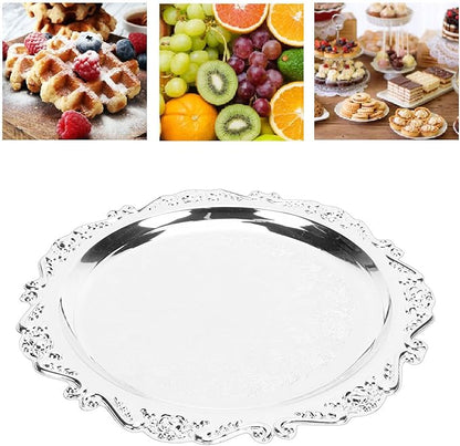 Cosiki Floral Engraved Serving Platter, Vintage Mirror Decorative Tray, Silver Retro Design Serving Tray with Elegant Finish, Ideal for Kitchen, Home Party & Buffet Chips Fruits Whiskey (25cm)