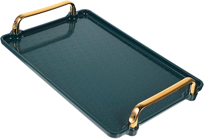 Healifty Rectangular Household Tea Tray with Handles Small Textured Dark Green Plastic Decorative Serving Tray for Coffee Table and Desktop Storage
