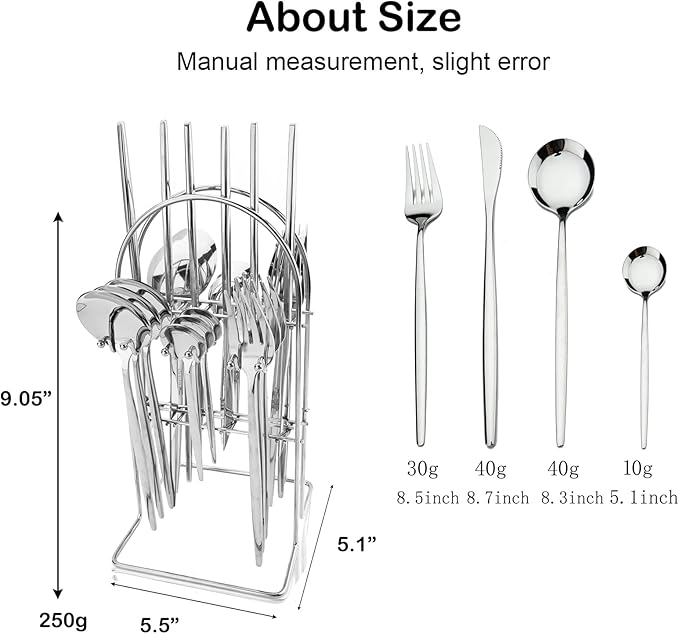 JASHII 24-Piece Stainless Steel Flat Flatware Set for 6, Fork Spoon Knife Set Eating Utensils Tableware with Holder for Kitchens Home and Restaurant, Dishwasher Safe - Shiny Silver