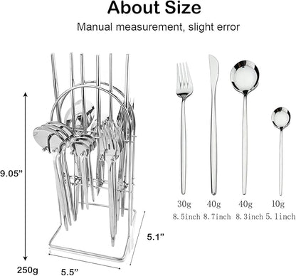 JASHII 24-Piece Stainless Steel Flat Flatware Set for 6, Fork Spoon Knife Set Eating Utensils Tableware with Holder for Kitchens Home and Restaurant, Dishwasher Safe - Shiny Silver