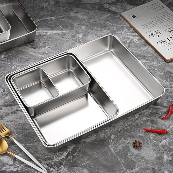 Stainless Steel Serving Tray with Deep Edges, Rectangular Food Platter for Kitchen, Camping, Picnics, School Cafeteria, Dishwasher Safe, Silver(30 * 25 * 5.5)