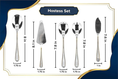 5 Piece Hostess Set - Serving Utensil Set - 18/10 Stainless Steel Silverware - Luxurious Handle with Gold Detailing - Elegant Silver and Gold Flatware Hostess Serveware (5, Verona)