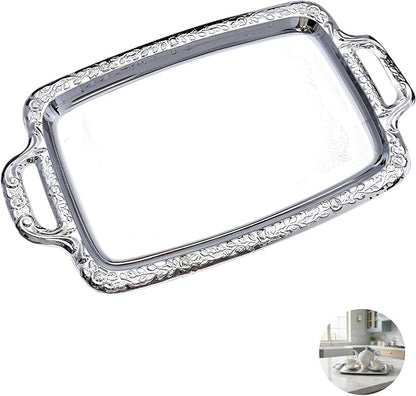 16.1 In Silver Serving Tray, European Style Stainless Steel With Handles, Metal Ottoman Decorative Food Tray For Coffee Tables And Parties