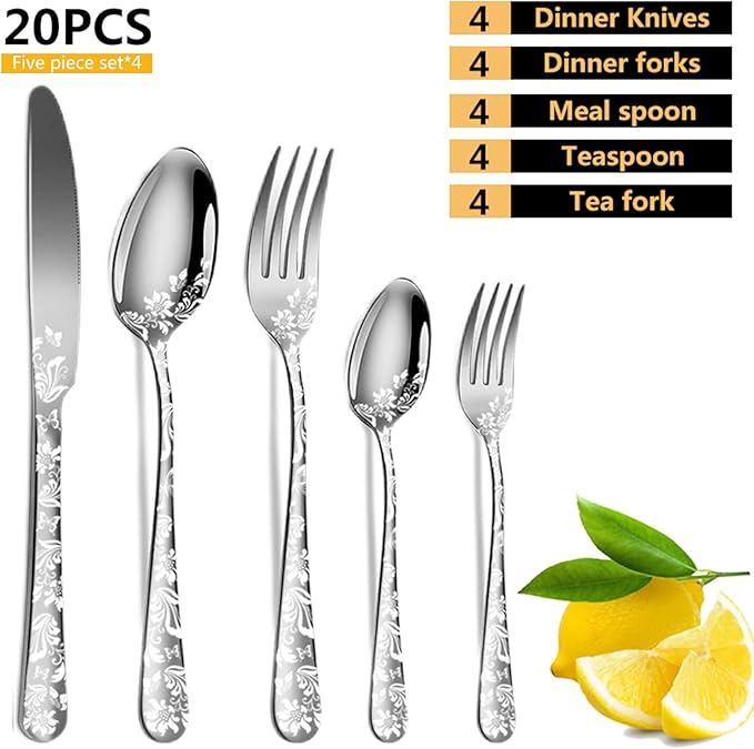 vilihkc 20 piece Unique Pattern Design Silverware Set, Stainless Steel Flatware Set Service for 4, silver Cutlery Set, Mirror Polished Utensil Set for Kitchen, Dishwasher Safe