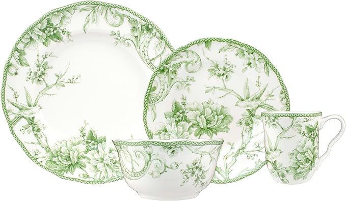 222 Fifth Adelaide Moss 16-Piece Porcelain Dinnerware Set – Service for 4, Plates, Bowls & Mugs, Hand-Applied Decal, Microwave & Dishwasher Safe, for Everyday Dining & Entertainment