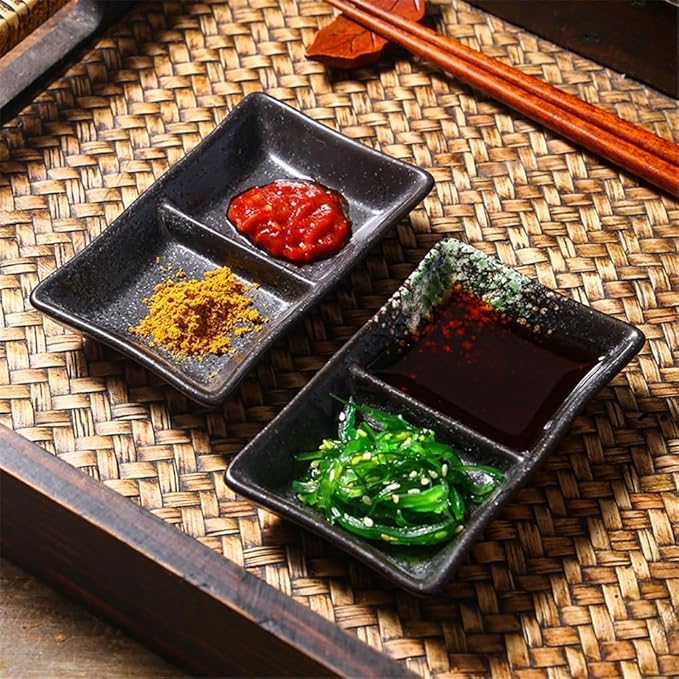 Appetizer Plates Double-grid Ceramic Soy Sauce Plate Barbecue Seasoning Dipping Dish Divide Sushi Meals Dishes for Condiment(Black brown)