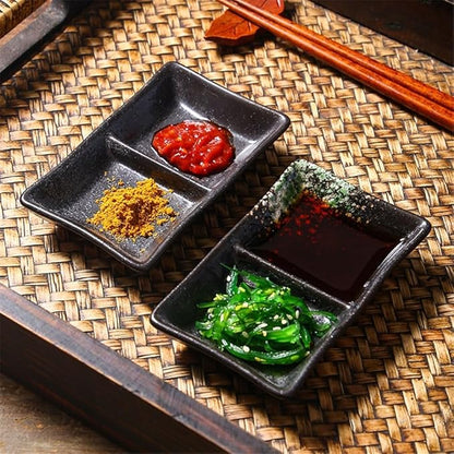 Appetizer Plates Double-grid Ceramic Soy Sauce Plate Barbecue Seasoning Dipping Dish Divide Sushi Meals Dishes for Condiment(Black brown)