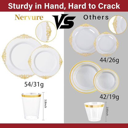 Nervure 350PCS Gold Plastic Plates - Gold Plastic Dinnerware Sets for 50 Guests - 100 Disposable Plates, 150 Silverware, 50 Cups, 50 Napkins for Wedding & Party