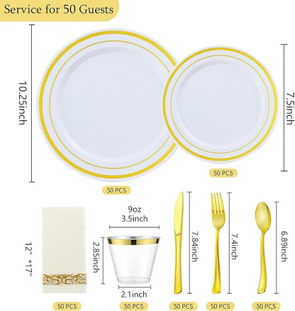 350 PCS Gold Plastic Dinnerware for 50 Guests, Gold and White Plastic Disposable Plates, 50 Dinner Plates, 50 Dessert Plates, 50 Silverware Set, 50 Cups, 50 Napkins for Party