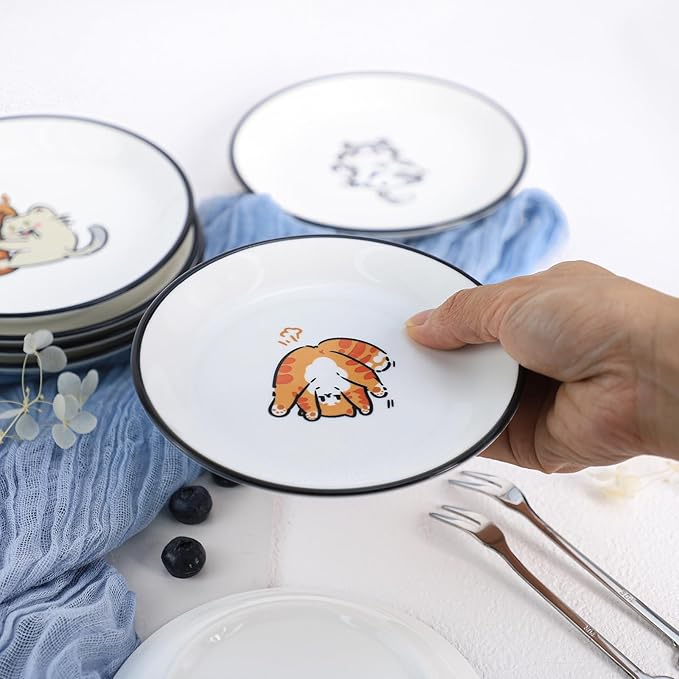 SOCOSY Super Cute Cartoon Animal Ceramic Sauce Dishes, Seasoning Dishes, Little Cat Dog Bird Feeding Bowls, Sushi Soy Dipping Bowls, Appetizer Plates, Dessert Plates, Set of 6-Cats-5 Inch