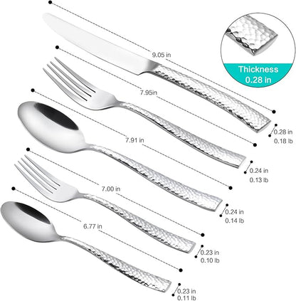 Flatware Set Silver Hammered 45 Pieces Stainless Steel Cutlery Set Silverware Serving Set Home Event Use Wedding Housewarming Gift