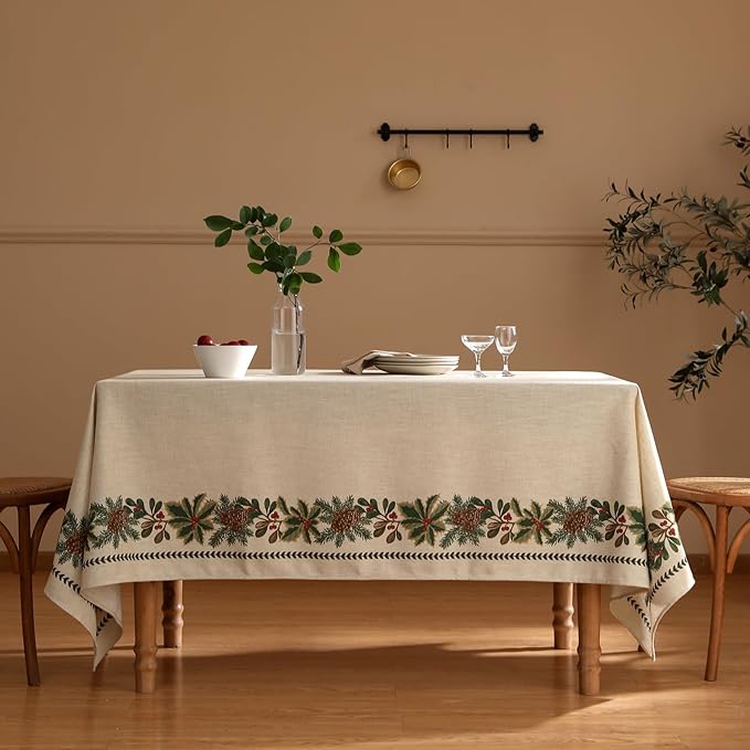 ISAENNE Designer Christmas Linen Square Tablecloth,Light Beige Western Elegant Table Cloth,Fall Wrinkle Resistant Decor Tablecloths for Dining Thanksgiving Kitchen Christmas,67"*67"-Carol G