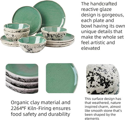 12pcs Dinnerware Set Service for 4, Handmade, Stoneware,Ceramic, Dish Set, Plates and Bowls set, Dinner Set, Reactive Glazed, Microwave and Dishwasher Safe (GREEN)