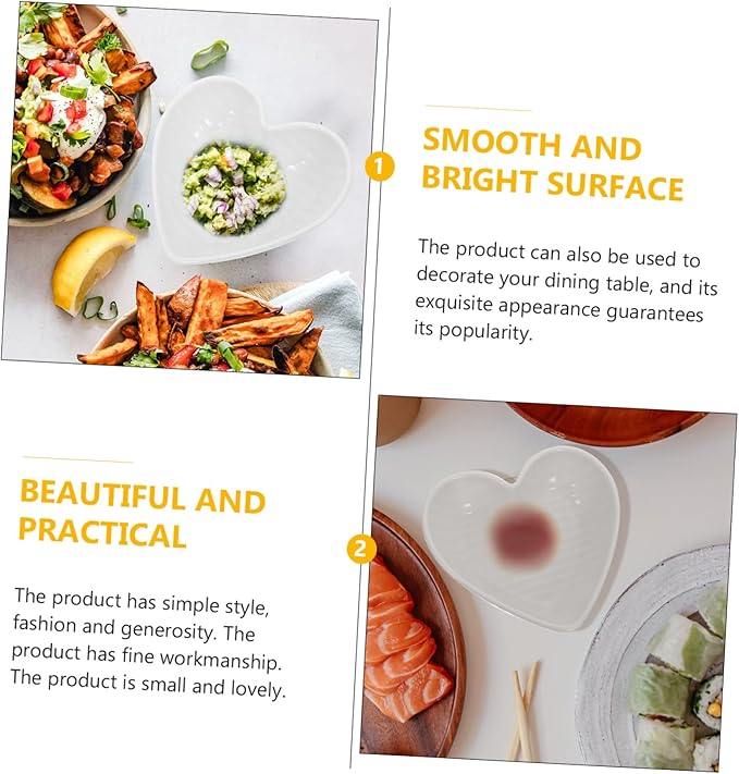 GLEAVI 4pcs Heart-shaped Ceramic Sauce Dishes Seasoning Bowl Serving Plate Charcuterie Plate White Serving Platter for Sauces Soy Mustard Vinegar Desserts Condiments Appetizers
