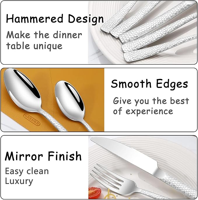 Hammered Silverware Set for 2, MIKIWAY 10 Pieces Stainless Steel Luxury Flatware Set, Cutlery Tableware Set, Kitchen Utensils Set Include Spoons And Forks Set, Mirror Polished, Dishwasher Safe
