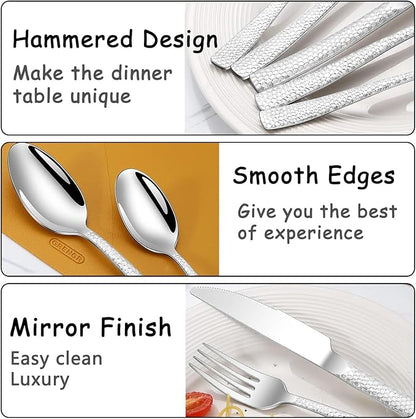 Hammered Silverware Set for 2, MIKIWAY 10 Pieces Stainless Steel Luxury Flatware Set, Cutlery Tableware Set, Kitchen Utensils Set Include Spoons And Forks Set, Mirror Polished, Dishwasher Safe