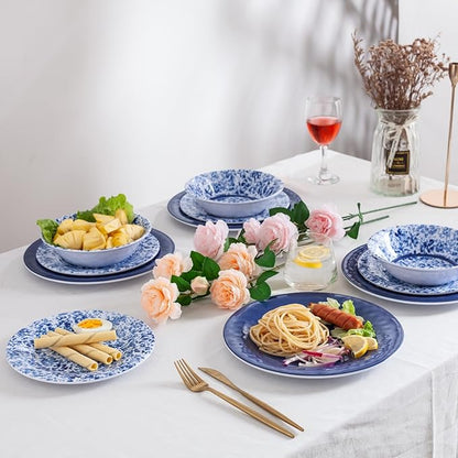 Melamine Dinnerware Set, 12 Piece Service for 4, Blue and White Porcelain Tableware Dishes for Indoor and Outdoor Use, Unbreakable Plates and Bowls Sets, Dishwasher Safe BPA Free