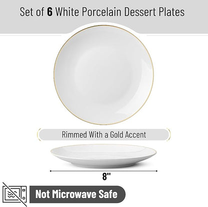 BTaT- White Dessert Plates with Gold Rim, Set of 6, 8" Round, Porcelain, Elegant Style, Dinner Plates
