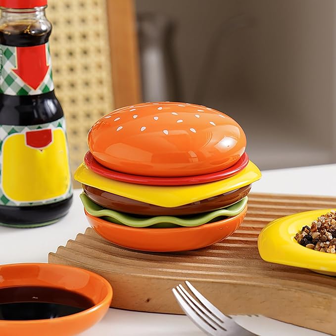 Stackable Hamburger Plates Set - 6-Layer Mini Serving Dishes for Dips, Sushi & Dessert, 3.5 Inch Ceramic Appetizer Plates, Microwave & Dishwasher Safe, Non-Slip Burger Shaped Tableware