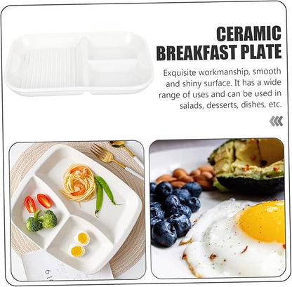 Healifty Ceramic Divided Serving Tray Nordic Style Long Compartment Plate Three-Section Food Holder Creative Breakfast Dish Home Use Microwave Safe