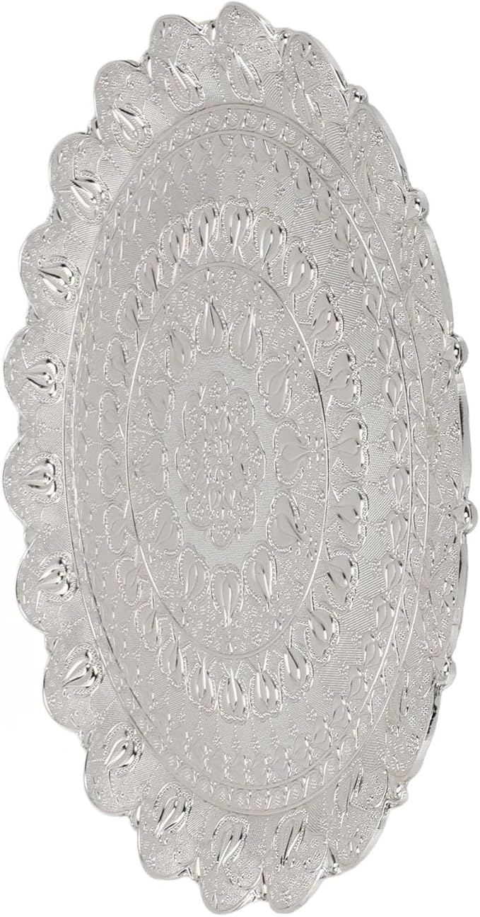 Turkish Tea Coffee Serving Tray, Vintage Style Round Coffee Plate, Embossed Pattern Metal Tray for Bar Outdoor Dresser Dessert, Multi Purpose Serving Tray for Coffee Tea Jewelry Co (Silver)