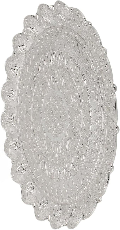 Turkish Tea Coffee Serving Tray, Vintage Style Round Coffee Plate, Embossed Pattern Metal Tray for Bar Outdoor Dresser Dessert, Multi Purpose Serving Tray for Coffee Tea Jewelry Co (Silver)