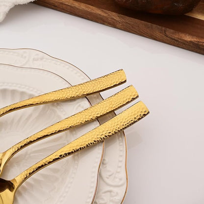 6 PCS Hammered Serving Utensils, Uniturcky Stainless Steel Serving Spoons Set, Square and Thick Hostess Serving Set, Includes 2 Serving Spoon 2 Serving Fork and 2 Slotted Spoon, Mirror Gold