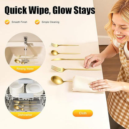 90 Pieces Gold Flatware Set, gold utensils set crafted from 410 and 420 stainless steel, gold cutlery set Include Knife Fork Spoon Set Tea Spoons Salad Forks Ideal for Kitchen Home Restaurant Wedding