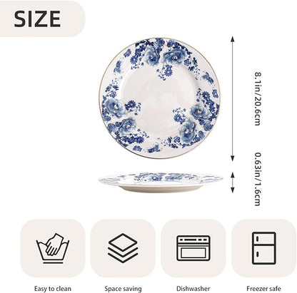 Porcelain Floral Plates, 8 inch, Set of 4,Small Plate, Small Appetizer Plates,Round dessert plate for breads, desserts, snacks, salads (Blue flowers)