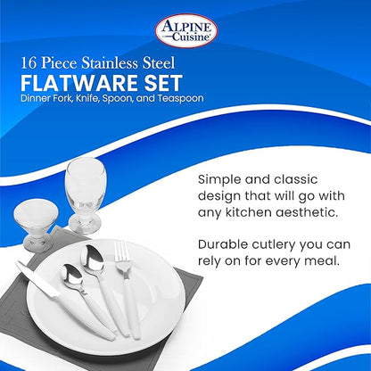 ALPINE CUISINE Flatware Set 16 Piece Service for 4, Stainless Steel Flatware Cutlery Set Includes Dinner Knives/Forks/Spoons - Great for Camping or College Dorms - Dishwasher Safe - White