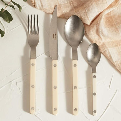 SABRE PARIS - 5-Piece Flatware Set - Bistrot Vintage Collection - Knife, Fork, Soup Spoon, Teaspoon & Dessert Fork - Stainless Steel & Nylon - Dishwasher Safe - Ivory - Mat Finish