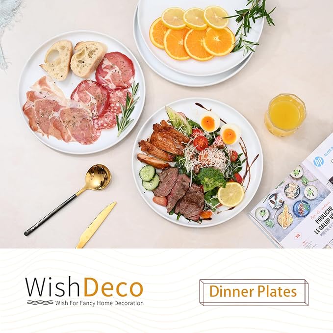 White Dinner Plates Set of 4, Ceramic Dining Plates 10.5 inch, Large Salad Plate, Porcelain Kitchen Plate for Pizza, Steak, Microwave and Dishwasher Safe