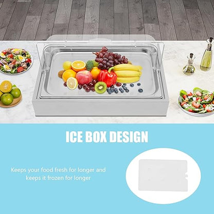Cold Food Buffet Server, 6L Stainless Steel Ice Food Serving Display Tray with Clear Roll Top PC Cover and Ice Box, Countertop Chilled Serving Tray Platter for Fruit Party Buffet Silver
