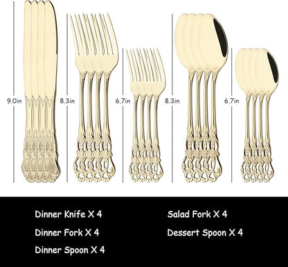 Champagne Gold Flatware Set For 4, 20 Pieces 18/0 Stainless Steel Silverware Set, Cutlery Utensils Set Include Knives/Forks/Spoons, Antique Baroque Style & Luxury Mirror Polished