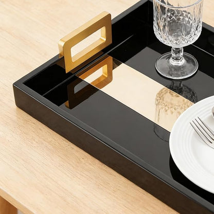 Black Coffee Table Tray, Rustic Wood - 17'' Decorative Serving Tray with Gold Handles for Coffee Table Decor & Ottoman Use Rectangle for Home Decor
