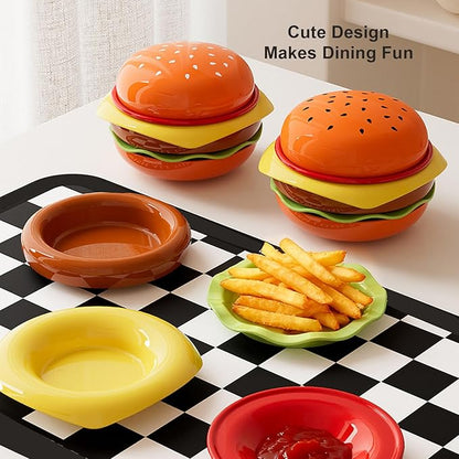 Asixxsix Stackable Burger Plate Set, ABS Plastic Hamburger Shape Small Appetizer Plates, Dessert Plates Tableware for Burger Sauce, Sushi Dip, Appetizer, Snack (Black)