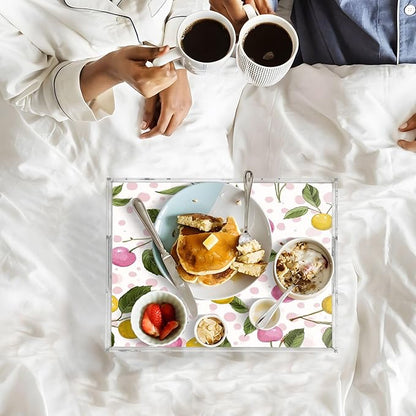 Serving Tray with Handles Clear Acrylic Tray 12x16 Inch Decorative Rectangular Tray Organizer for Ottoman Coffee Table Bathroom Cute Cherry Pink Dots