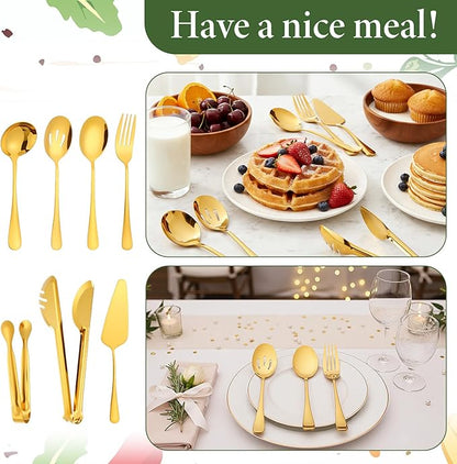 Gold Serving Utensils, 12 PCS Stainless Steel Serving Utensil Set Includes Slotted Spoon, Fork, 2 Sizes Tongs, Cake Server, Soup Spoon Flatware Servings Sets for Kitchen Parties Buffet Wedding
