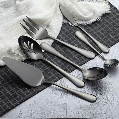 Berglander Stainless Steel Black Titanium Plated Flatware Serving Set 6 Pieces, 5 Serving Pieces of 45 Pieces Flatware With 1 Cake Server, Serving Silverware Set (Shiny Black)