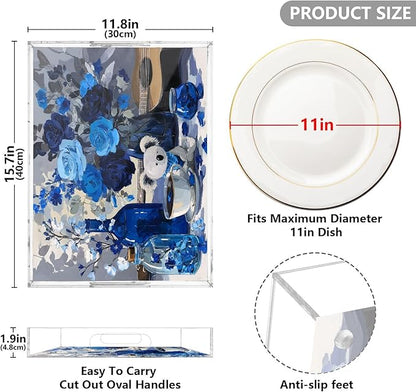 Serving Tray with Handles Clear Acrylic Tray 12x16 Inch Decorative Rectangular Tray Organizer for Ottoman Coffee Table Bathroom Koala Rose Coffee Blue