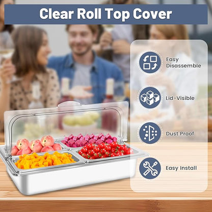 Countertop Ice Food Serving Display Tray with 4 Pan, Salad Bar Buffet Station for Home, Cold Food Buffet Server, Pizza Topping Station, Cold Buffet Table Serving Station for Party