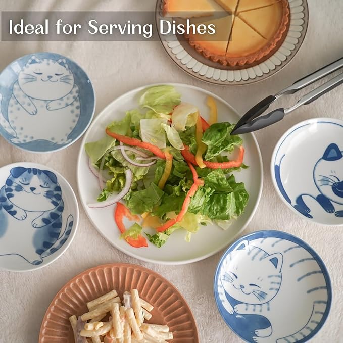 Dessert Salad Serving Plate Set Ceramic Cute Cats Design, 5.31inch x 1.06inch (13.5㎝×2.7㎝) Plates Set of 4, Mino Ware