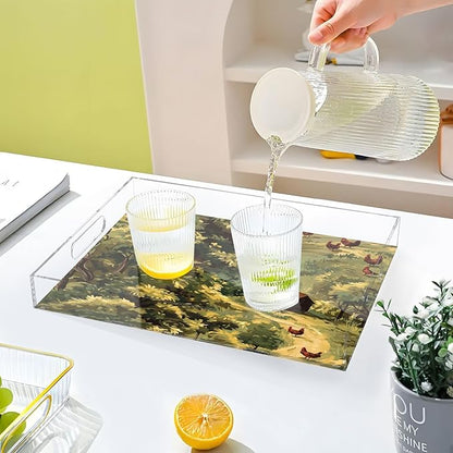 Serving Tray with Handles Clear Acrylic Tray 12x16 Inch Decorative Rectangular Tray Organizer for Ottoman Coffee Table Bathroom Green Rooster and Farmhouse01