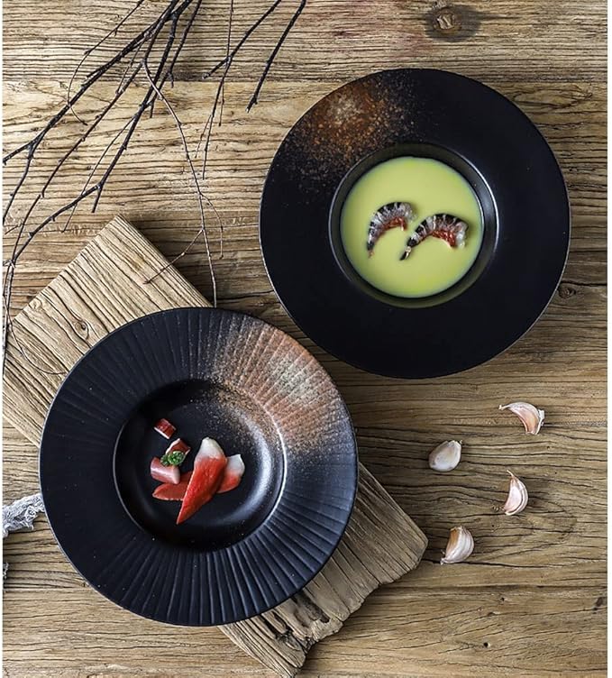 Kitchen Plates Fruit Snack Bowl 10-inch Steak Ramen Plate Ceramic Serving Plate Suitable for Home Kitchen Restaurant Black Restaurant Plates(B)
