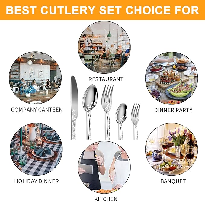 vilihkc 20 piece Unique Pattern Design Silverware Set, Stainless Steel Flatware Set Service for 4, silver Cutlery Set, Mirror Polished Utensil Set for Kitchen, Dishwasher Safe