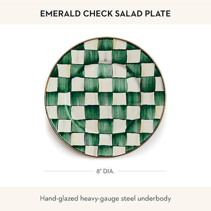 MACKENZIE-CHILDS Enamel Salad and Dessert Plate, Small Plate for a Dessert or Appetizer Dish, 8 Inches, Green-and-White Emerald Check