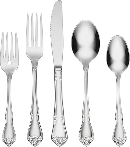 Oneida Silverware Set, True Rose 20-Piece Everyday Flatware Set, Service For 4, 18/0 Stainless Steel, Dishwasher Safe, Knife Spoons And Forks Set, Home And Kitchen Utensils (Silver, 20 Piece)