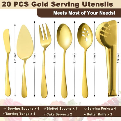 BEWOS Gold Serving Utensils, 20-Piece Serving Utensils set, Gold Serving Spoons, Slotted Spoons, Tongs, Forks, Cake Server, Butter Knife, Stainless Steel Serving Utensils for Parties, Dishwasher Safe