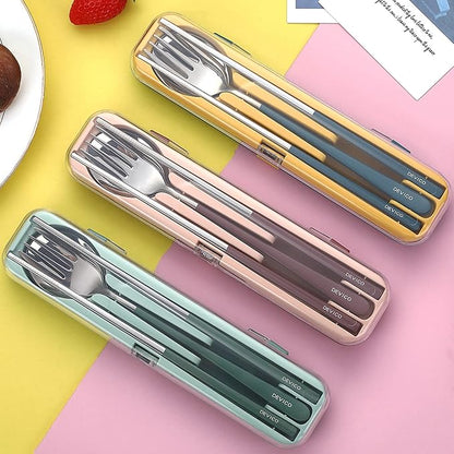 DEVICO Portable Utensils, Travel Reusable Silverware Flatware Set for Lunch, 18/8 Stainless Steel 4-Piece Camping Cutlery Include Fork Spoon Chopsticks with Case (Blue)